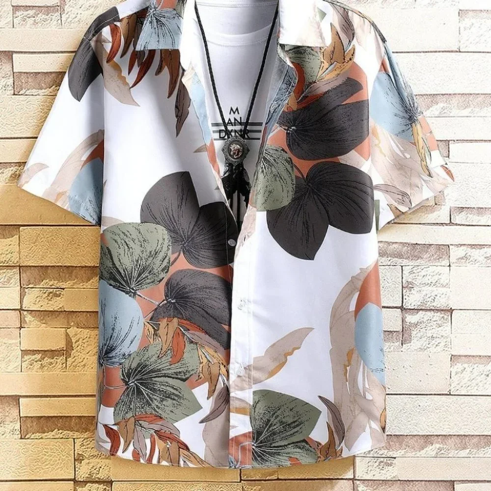 Vacation Style White Men's Tropical Leaf Print Shirt